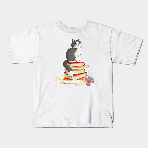 Cat Sitting On Books Kids T-Shirt by Meowrye